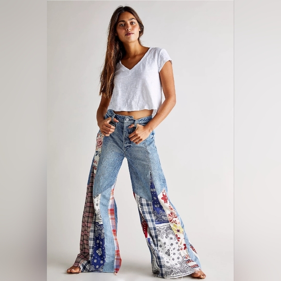 Free People Denim - Free People Multicolor Patchwork Flare Jeans